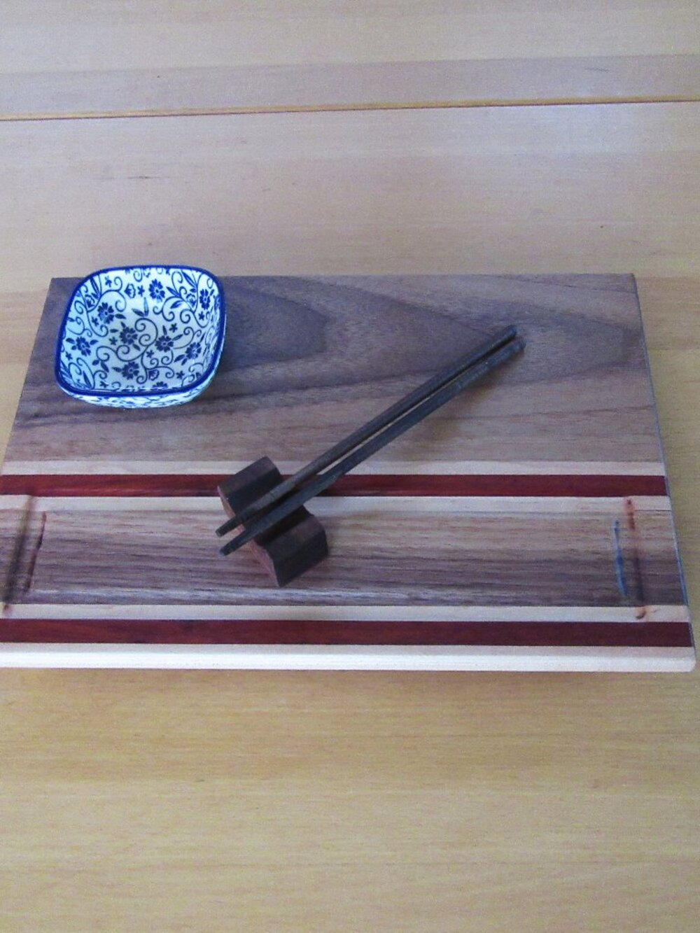 Hand crafted walnut, maple & padauk wood sushi or appetizer platter & sauce cup